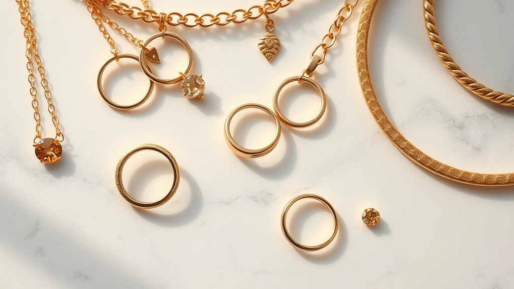 Close-up overhead view of delicate gold jewelry pieces including rings, necklaces, and bracelets arranged on white marble surface with soft natural lighting and water droplets, photorealistic