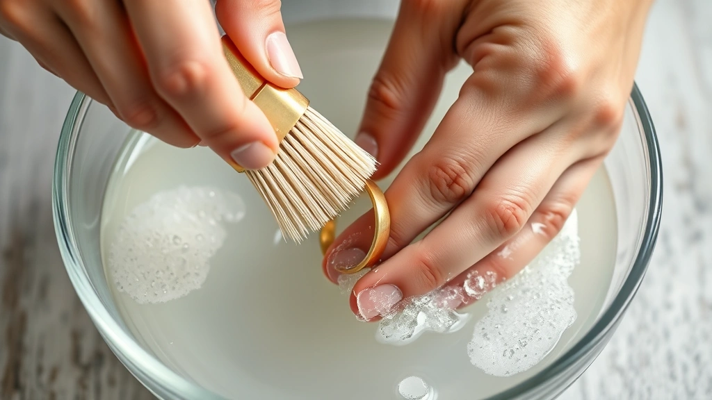Hands gently scrubbing gold ring with soft-bristled brush in warm soapy water in glass bowl, showing careful cleaning technique with clear water and soap suds visible, photorealistic