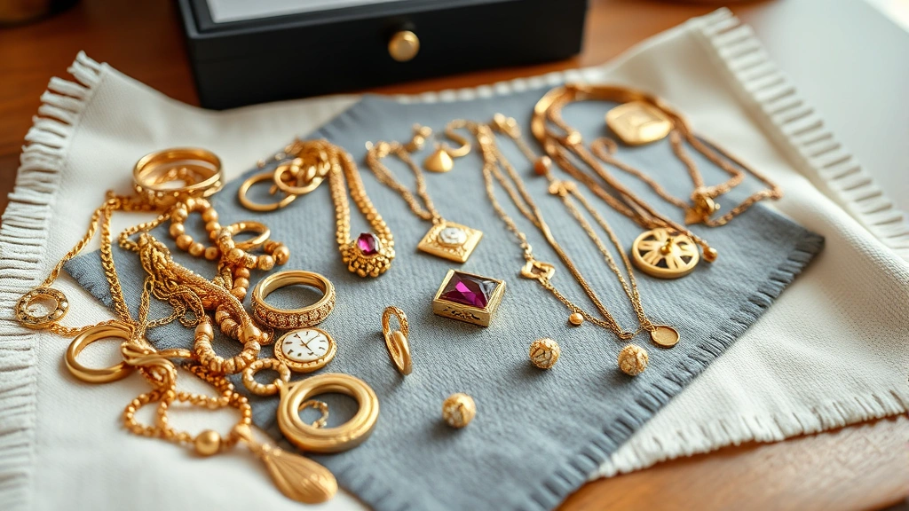 Gold jewelry arranged on microfiber cloth being carefully dried and polished with soft lint-free materials, showing proper drying and storage preparation with jewelry box in background, photorealistic