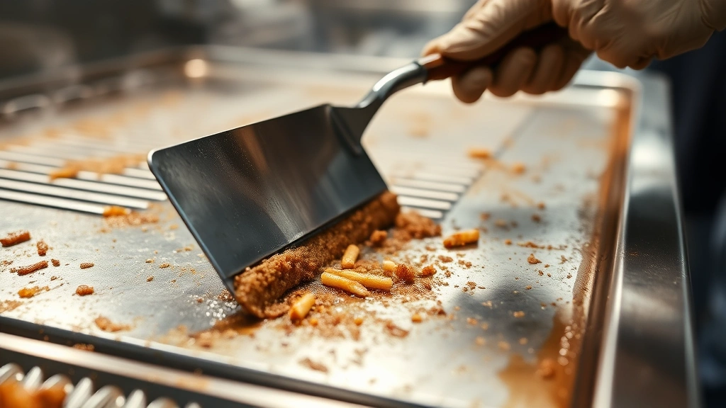 Close-up of stainless steel griddle being scraped with professional metal scraper, warm steam rising, grease and food debris visible on surface, hands wearing heat-resistant gloves, commercial kitchen setting