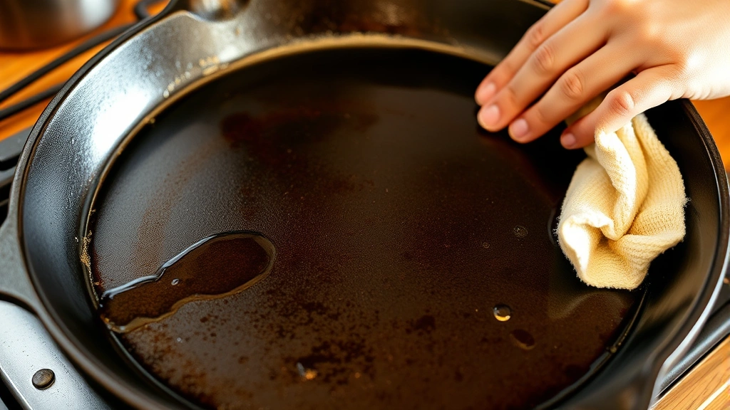 Cast iron griddle surface being seasoned with oil, cloth buffing the surface in circular motions, shiny protective patina visible, warm lighting highlighting the dark metal finish, rustic kitchen countertop background