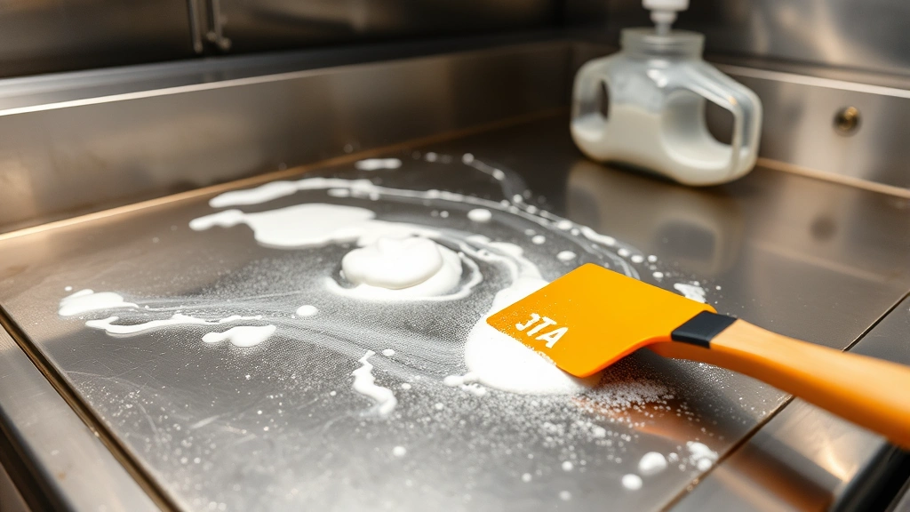 Wide shot of griddle cleaning in progress, white vinegar and baking soda paste creating chemical reaction on stainless steel surface, scraper tool positioned at angle, professional kitchen environment with stainless steel surroundings