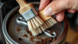 Close-up of hands using soft-bristled brush to clean coffee grinder burrs, showing detailed bristle work on metal grinding surfaces with ground coffee particles visible