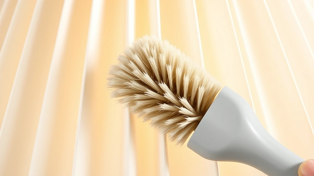 Close-up of soft-bristled brush gently cleaning pleated cream-colored fabric lamp shade, showing bristles gliding along folds without pressing between them, professional lighting on shade texture