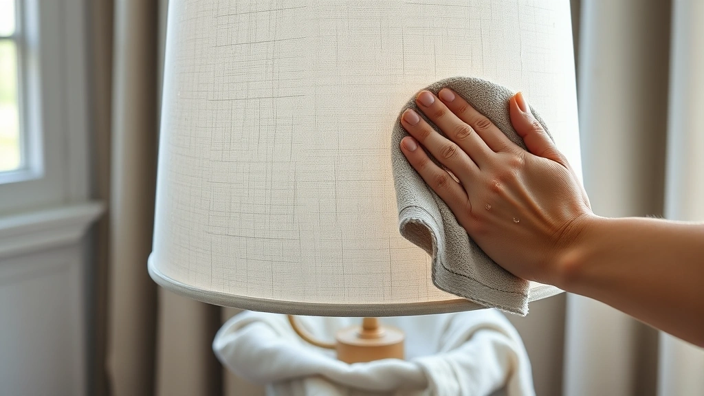 Wide shot of damp microfiber cloth being carefully applied to linen lamp shade in circular motions, towel beneath shade catching water droplets, natural window light illuminating the shade