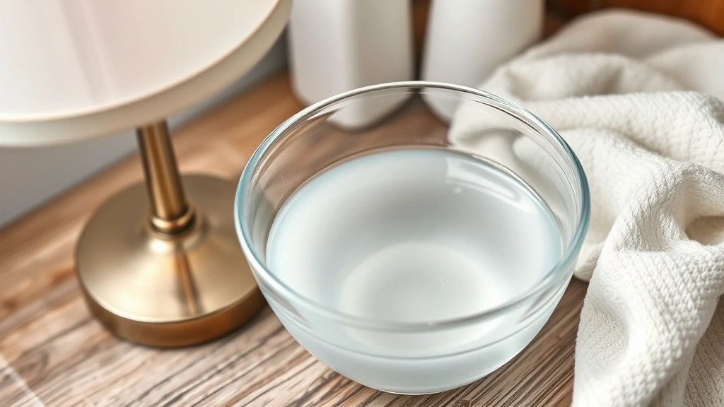 Detail view of white vinegar and distilled water solution in clear glass bowl with cloth soaking, next to lamp shade showing water ring stain being treated, professional home workspace setup