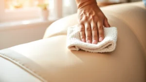 Close-up of professional microfiber cloth gently wiping cream-colored leather sofa, showing proper technique with circular motions, warm sunlit room background