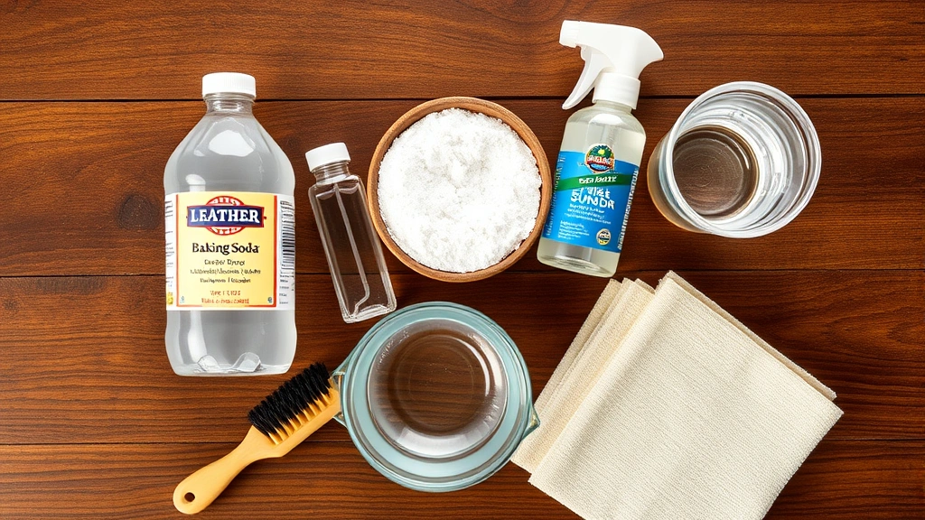 Overhead view of leather furniture cleaning supplies arranged on wooden table: white vinegar bottle, baking soda, mild dish soap, distilled water, soft brushes, and microfiber cloths