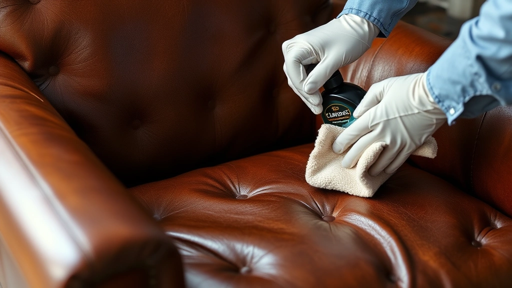 Professional leather cleaner applying conditioning product to rich brown leather armchair with cloth, showing even application technique and natural leather sheen