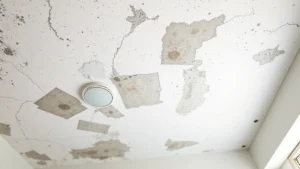 Bathroom ceiling with visible black mold spots and water stains on white drywall, moisture damage evident, natural lighting from below