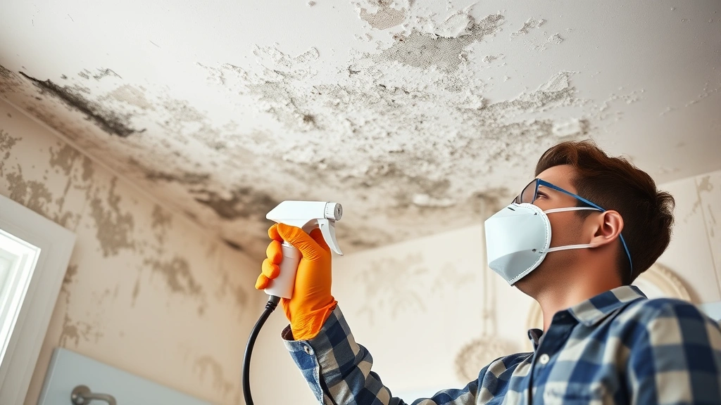 Person wearing N95 respirator mask and protective gloves spraying cleaning solution on moldy bathroom ceiling with spray bottle, professional technique