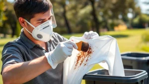 Person wearing protective N95 mask and disposable gloves while brushing mold off a damp cotton garment outdoors in bright sunlight, with a trash bin nearby to contain spores, showing proper safety precautions for mold removal