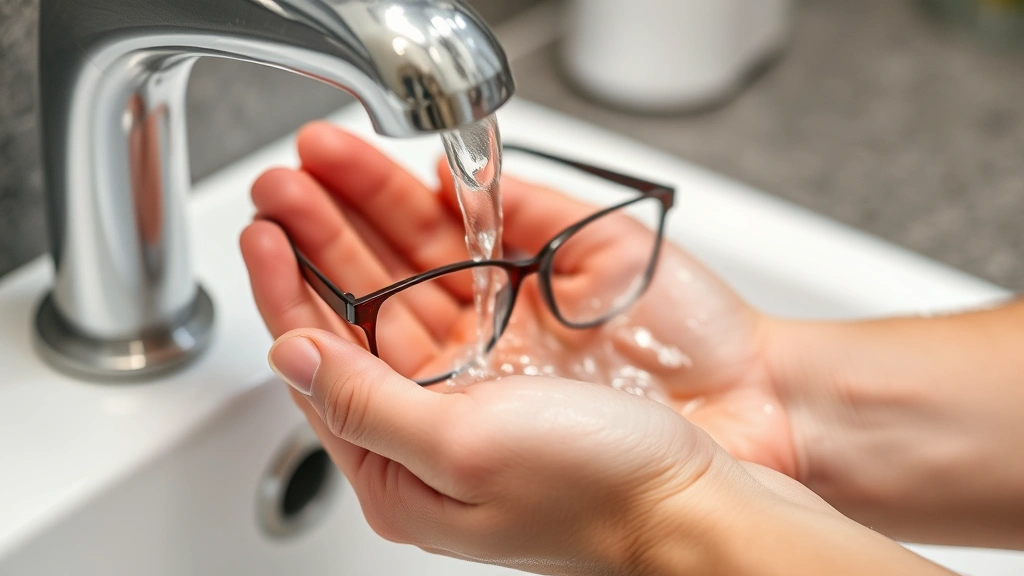 Close-up of hands gently rinsing eyeglasses under lukewarm running water from a faucet, showing proper water flow and handling technique