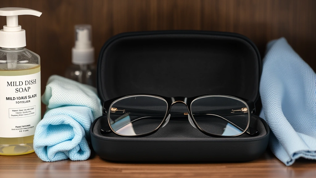 Organized eyeglass care station showing mild dish soap bottle, clean microfiber cloth, hard protective case, and eyeglasses ready for cleaning