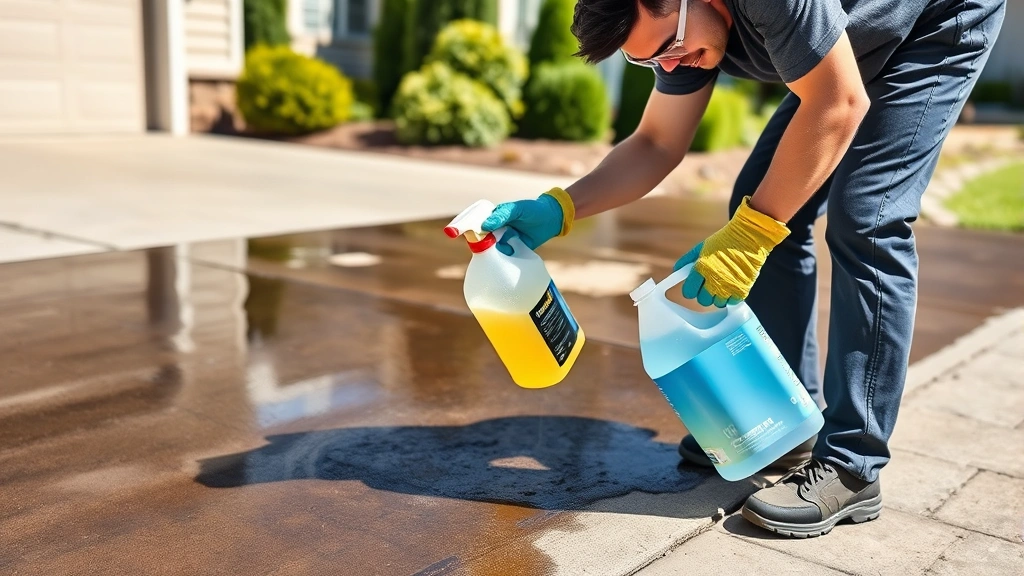 Contractor applying concentrated alkaline degreaser to dark oil stain on residential concrete driveway, wearing protective gloves and safety glasses, bright daylight