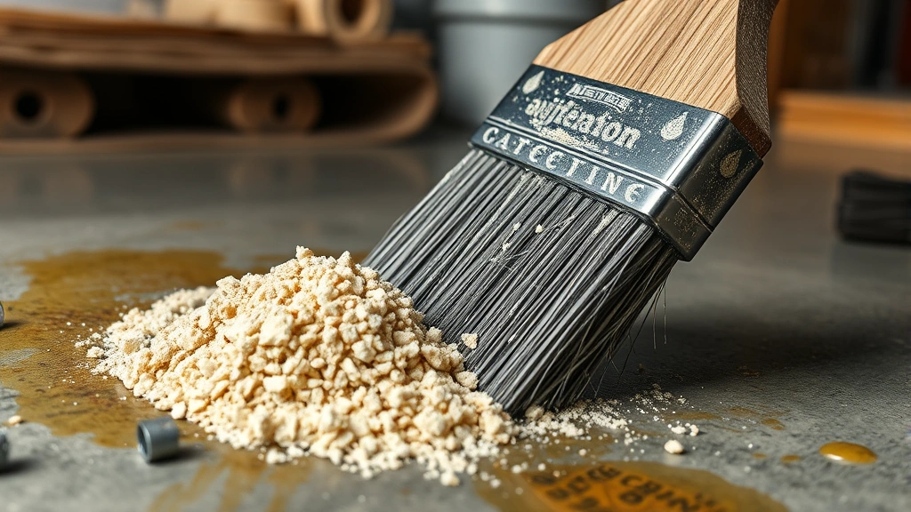 Close-up of absorbent granules and poultice paste being worked into oil-stained concrete surface with stiff-bristled brush, professional workshop setting