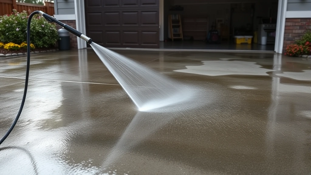 High-pressure washer being used on concrete driveway to remove loosened oil residue, showing water spray and cleaned versus stained areas, outdoor residential garage