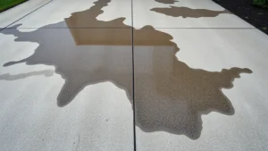 Wide-angle shot of a concrete driveway with a dark motor oil stain spreading across the surface, showing the stain's irregular edges and varying darkness levels indicating fresh petroleum spill damage