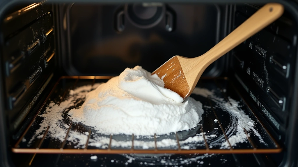 Close-up of baking soda paste being spread inside a clean oven interior with a wooden spatula, white powder visible on dark oven walls, natural daylight from oven door