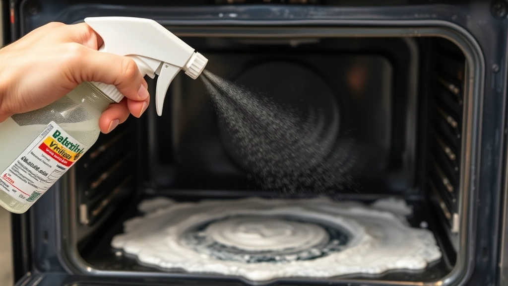 Spray bottle of white vinegar misting over baking soda paste inside oven, visible fizzing reaction with bubbles forming on oven surface, professional kitchen environment