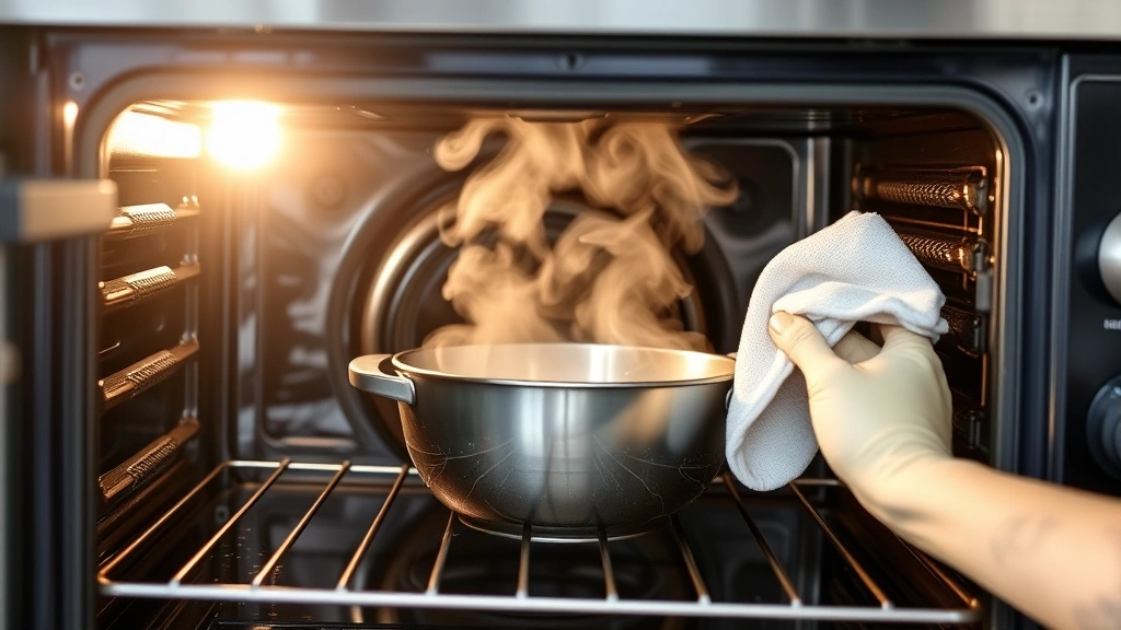 Steam rising from a heat-safe bowl inside a preheated oven, soft cloth wiping oven interior wall, moisture visible on surfaces, clean modern kitchen background