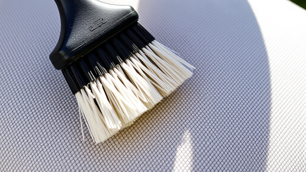 Close-up of soft-bristled brush gently cleaning textured outdoor cushion fabric with circular motions, showing dust particles being removed, natural daylight illuminating the work