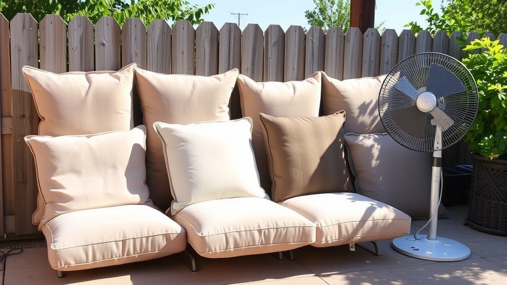 Multiple patio cushions air-drying upright in sunlight against fence with fan positioned nearby, showing proper spacing for air circulation and complete moisture evaporation