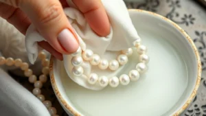 Close-up photograph of a hand gently cleaning a strand of white pearl necklace with a soft microfiber cloth over a shallow ceramic bowl of distilled water, showing detailed pearl surface texture and luster, professional jewelry cleaning setup with soft lighting