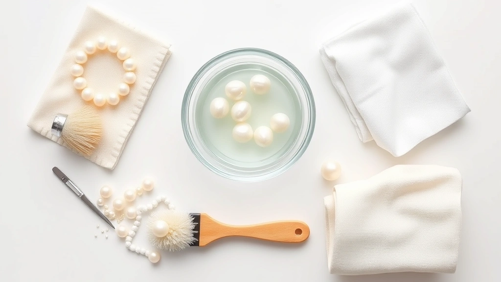Overhead view of pearl jewelry cleaning supplies arranged neatly on a white surface: bowl of distilled water with mild soap, soft microfiber cloths, soft-bristled brush, chamois cloth, and lint-free towels, professional arrangement showing all essential items