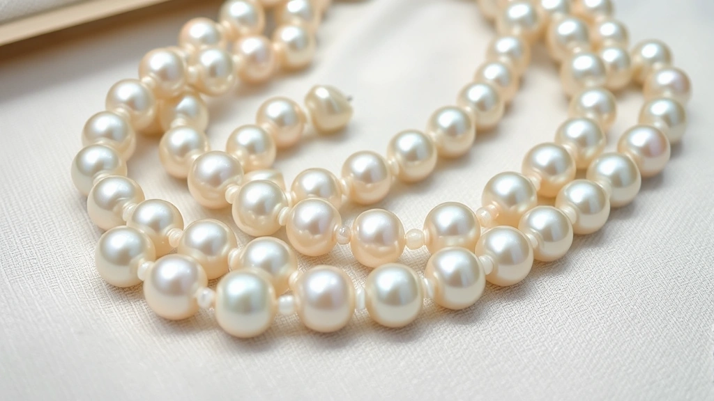 Detailed macro photograph of a pearl necklace laid flat on soft fabric for air drying after cleaning, showing individual pearls with their characteristic luster and iridescence, beads still slightly glistening from recent rinsing, natural lighting highlighting nacre quality