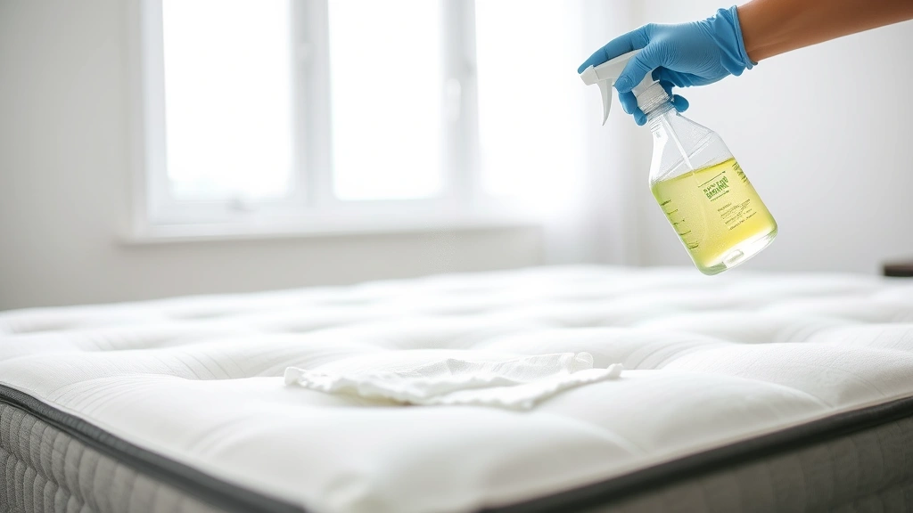 Spray bottle application of enzymatic cleaner on mattress surface with visible foam, protective gloves visible, mattress in bright room with open window