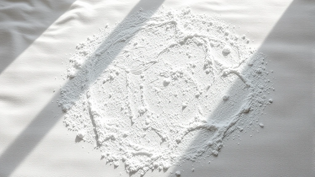 Baking soda powder spread generously over mattress stain area, white powder creating thick layer, sunlight streaming across fabric showing texture detail