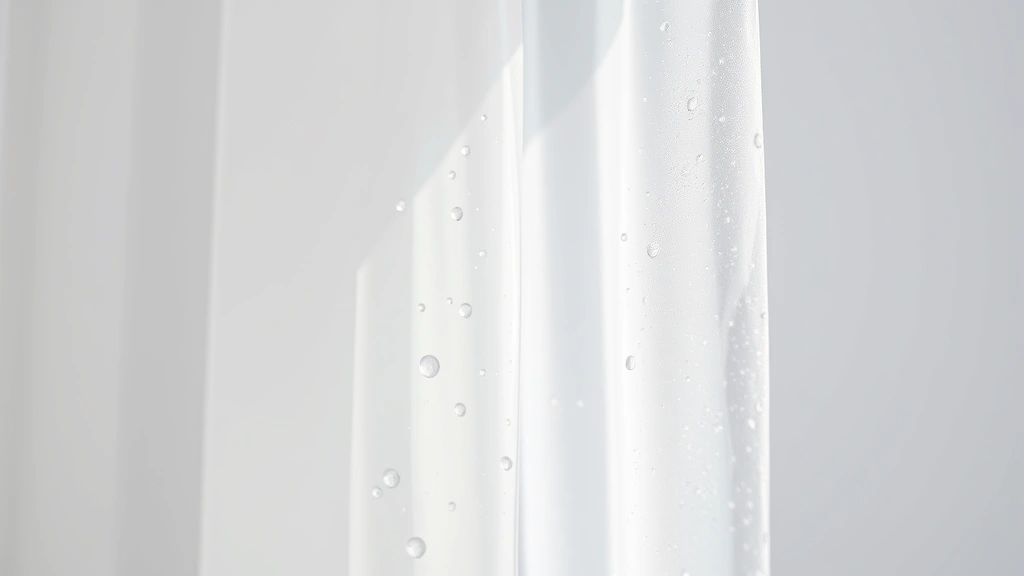 Close-up of white plastic shower curtain with visible soap scum and water droplets, natural bathroom lighting, showing texture and buildup detail