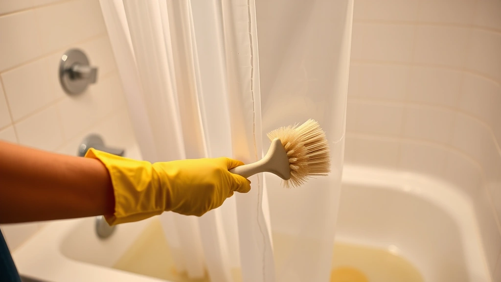 Person wearing rubber gloves using soft-bristled brush to scrub plastic shower curtain in bathtub filled with vinegar solution, warm lighting