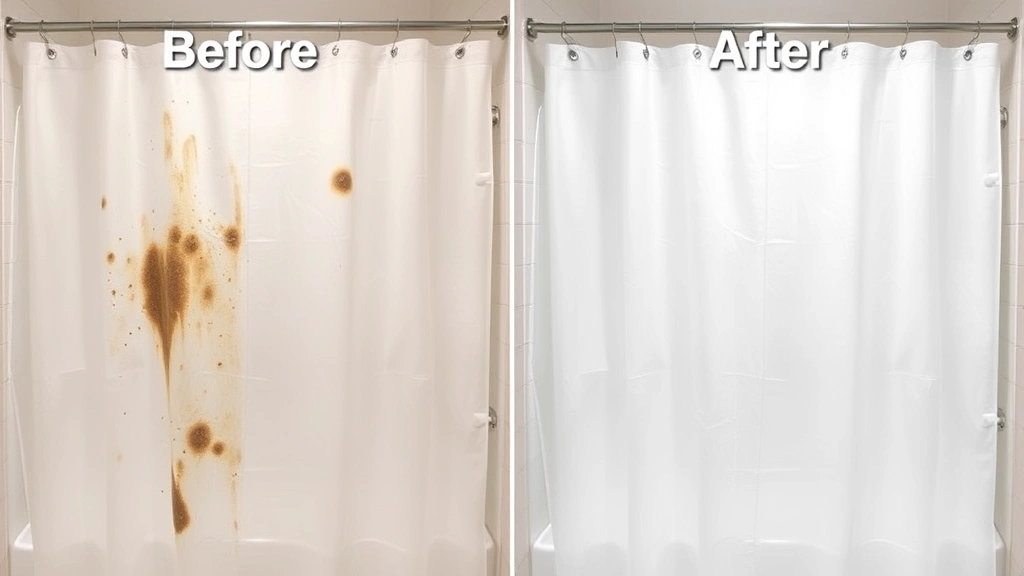 Before and after comparison of plastic shower curtain: left side showing mold spots and discoloration, right side clean and bright white, side-by-side layout