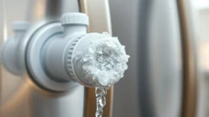 Close-up of a white mineral deposit buildup on a refrigerator water dispenser nozzle, showing crystalline deposits in detail, photographed in natural kitchen lighting with a blurred refrigerator in background