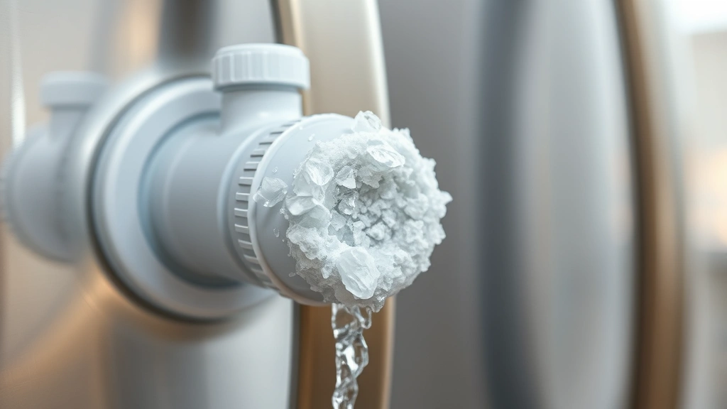 Close-up of a white mineral deposit buildup on a refrigerator water dispenser nozzle, showing crystalline deposits in detail, photographed in natural kitchen lighting with a blurred refrigerator in background