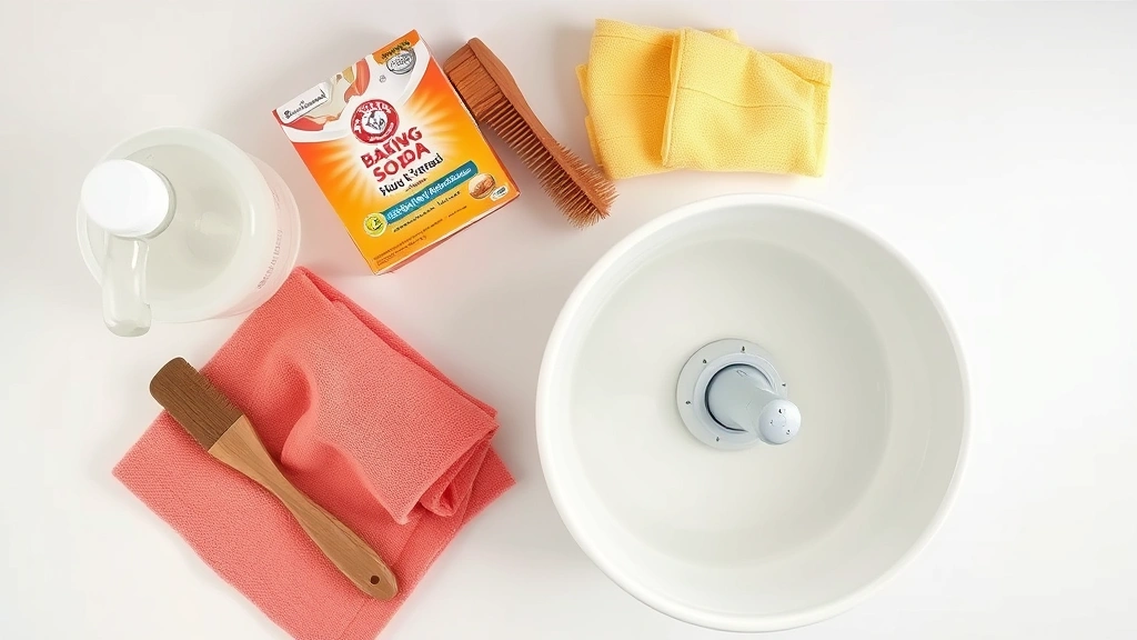 Overhead view of cleaning supplies arranged on a white kitchen counter including white vinegar bottle, baking soda, soft brushes, microfiber cloths, and a soaking bowl with water dispenser nozzle submerged