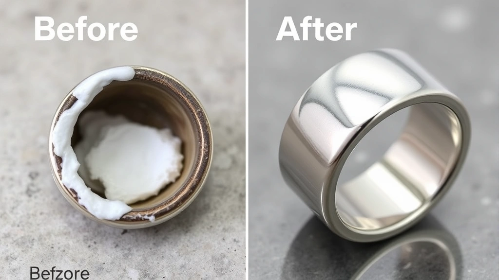 Before and after comparison showing a tarnished silver ring transforming to brilliant shine, with baking soda paste visible on one side and polished result on the other