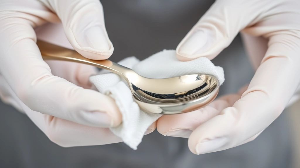 Close-up of hands wearing white cotton gloves gently polishing a silver plated serving spoon with a soft microfiber cloth, showing the reflective surface and careful technique used for delicate items