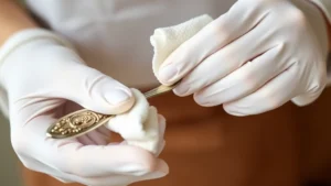 Close-up of hands wearing soft white cotton gloves carefully polishing a silver plated serving spoon with a microfiber cloth, showing gentle circular motions on ornate handle details, soft natural lighting