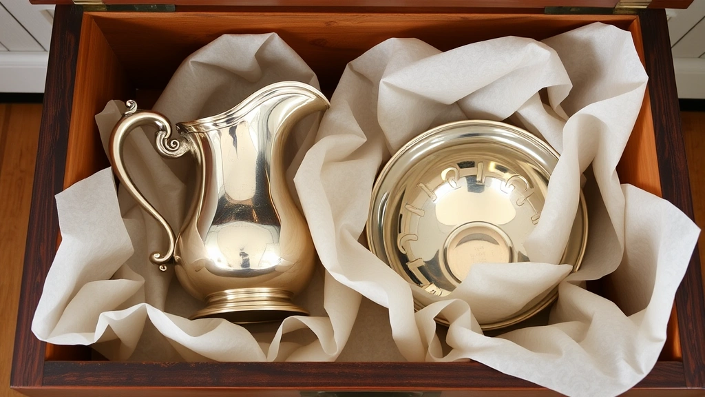 Silver plated pitcher and bowl wrapped in acid-free tissue paper inside a wooden storage chest lined with tarnish-inhibiting material, showing proper protective storage techniques for valuable pieces