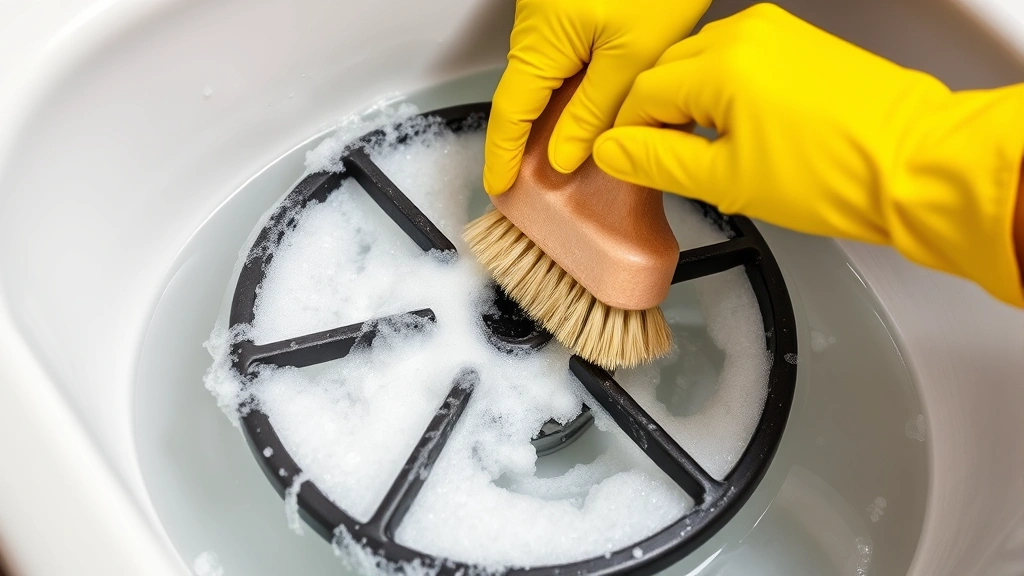 Hands wearing yellow rubber gloves scrubbing a cast iron gas burner grate with a soft-bristled brush in a sink filled with soapy water, showing detailed cleaning action
