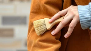 Close-up of a person using a soft suede brush on the sleeve of a tan suede jacket, demonstrating proper brushing technique with gentle strokes in one direction, natural lighting showing the napped texture