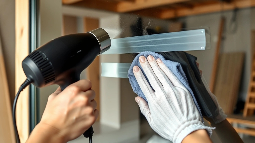 Someone applying heat from a hair dryer to tape residue on glass surface while gently rubbing with a microfiber cloth, demonstrating proper heat removal technique, construction workspace