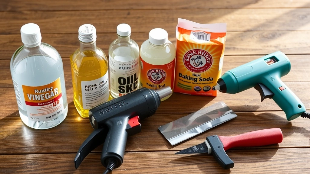 Assortment of household items arranged on wooden table for tape residue removal including vinegar bottle, rubbing alcohol, oil, baking soda, heat gun, and scraper tools, natural lighting