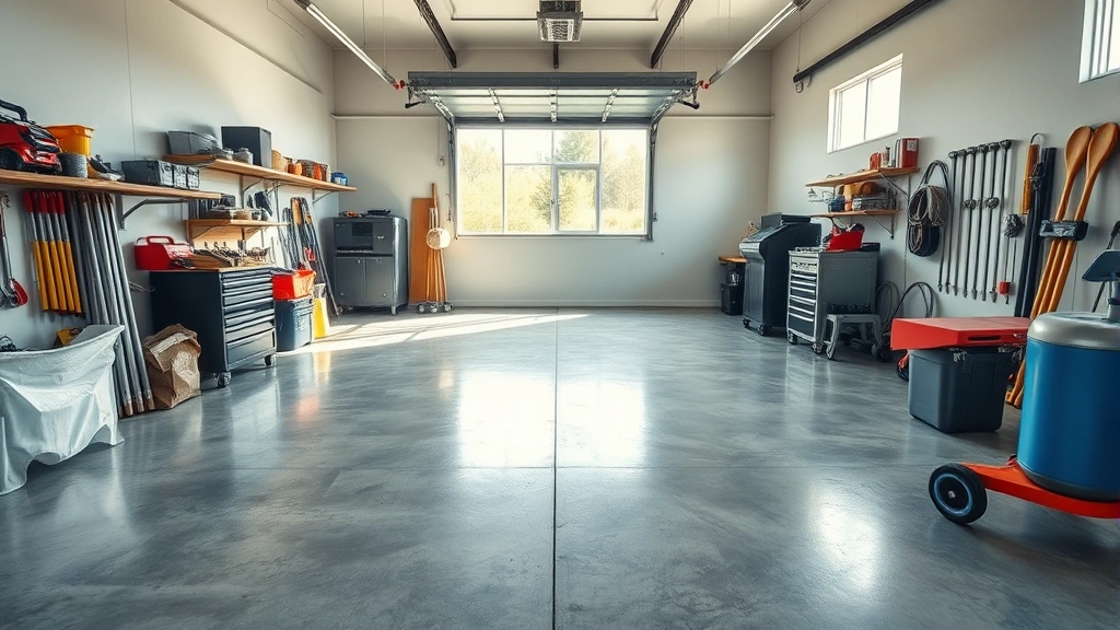 Wide-angle view of a clean concrete garage floor with organized tools and equipment neatly arranged along the perimeter, natural daylight streaming through windows, showing the polished surface texture