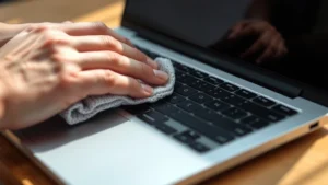 Close-up of hands using microfiber cloth to gently wipe a laptop touchpad surface, showing proper circular motion technique with minimal pressure, natural lighting highlighting the touchpad area