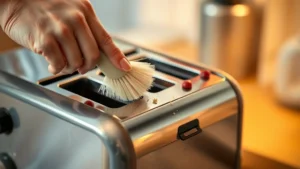 Close-up of person's hands using soft-bristled brush to gently clean toaster slots over trash can, warm kitchen lighting, crumbs visible falling