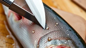 Close-up of sharp fillet knife positioned on fresh trout belly, stainless steel blade angling toward head, water droplets on fish scales, professional fish cleaning setup with cutting board